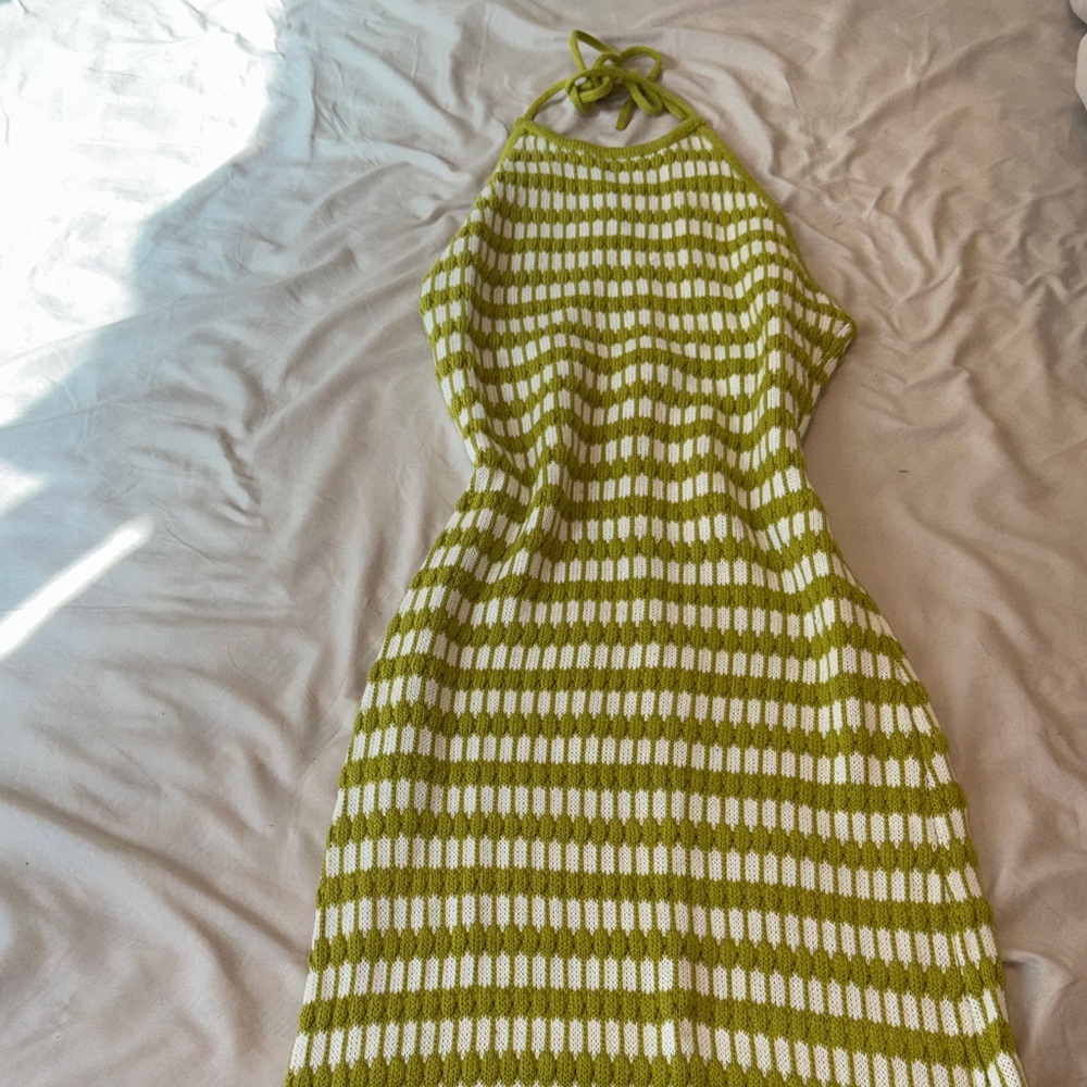 Green and White Striped Knit Halter Dress